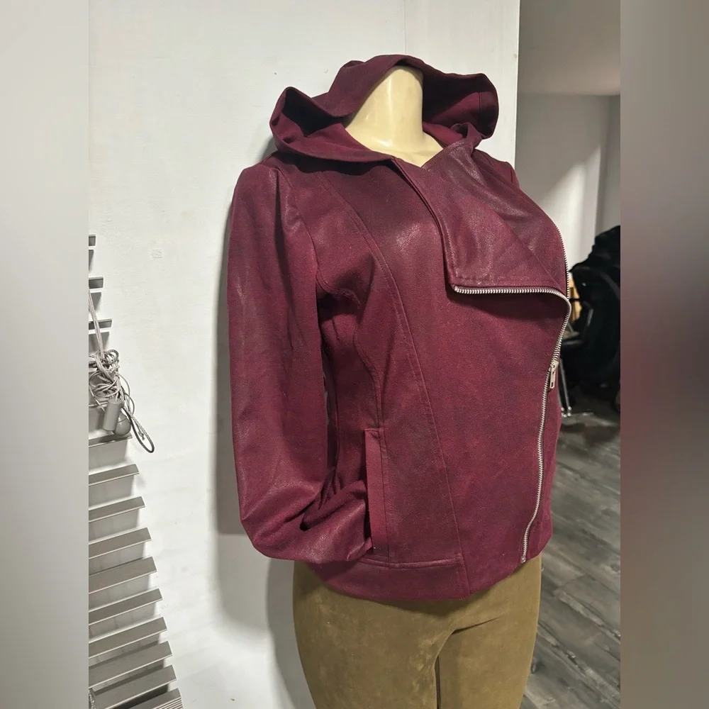 New York & Company Maroon Hooded Leather Jacket - Picture 3 of 7